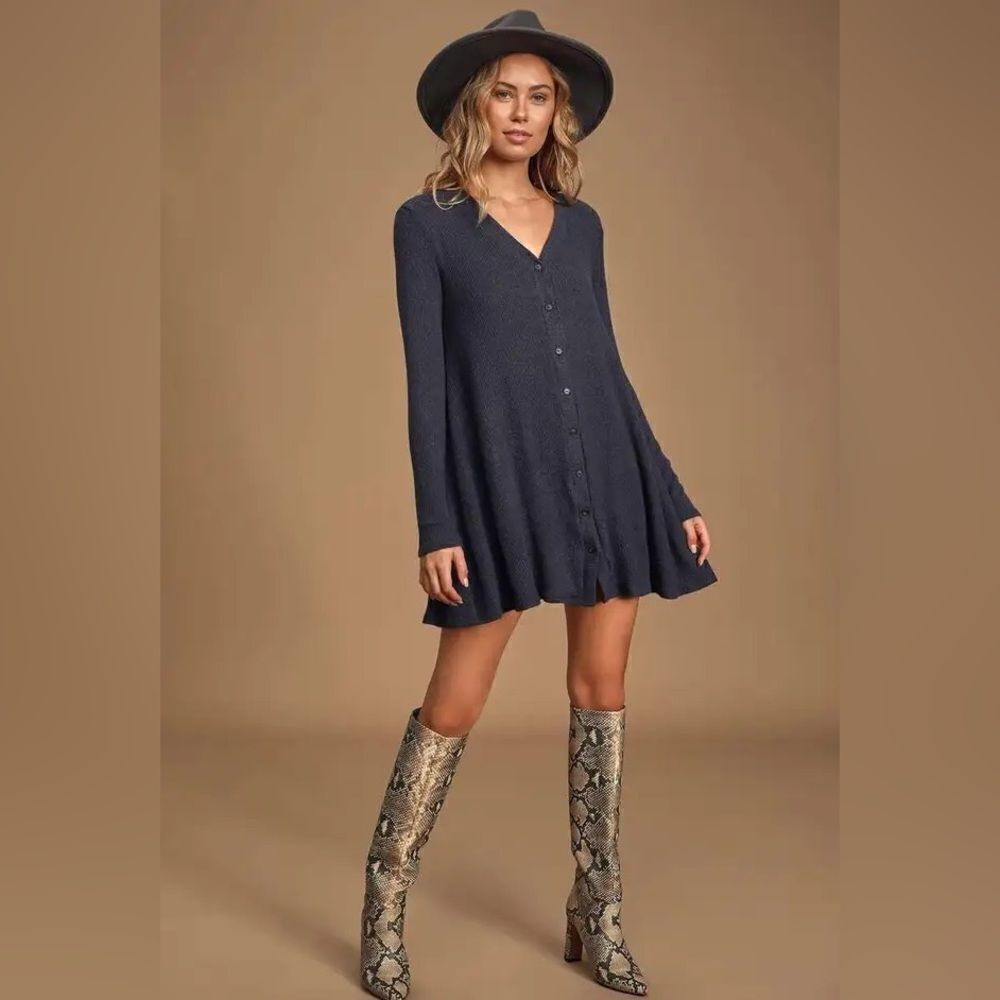 Lulus Blue Knit Sweet Comfort Mini Sweater Dress XS NWT